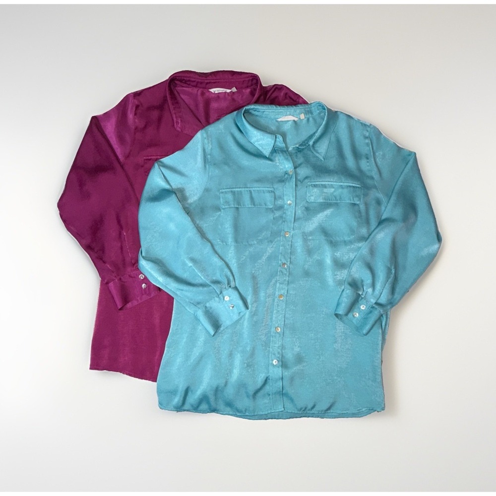 Soft Surroundings Women's 2X Satin LS Shirt Bundle Button Front Teal & Pink